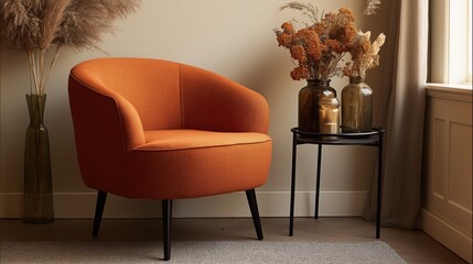 Comfortable orange aesthetic armchair in living room interior