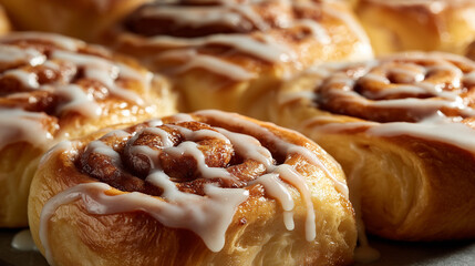Close-up shot of warm cinnamon rolls topped with icing, showcasing swirled layers, golden pastry texture, and glossy sweet glaze.