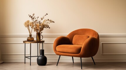 Comfortable orange aesthetic armchair in living room interior