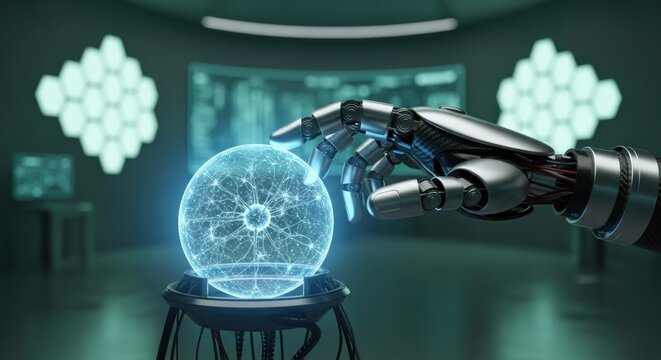 A robot hand holding a glowing crystal ball in a futuristic laboratory setting.