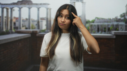 Woman points finger to camera in building at roman ruins wearing white t shirt and lip ring;...