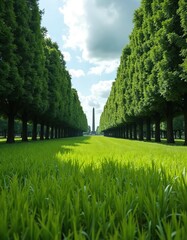 Obraz premium Long alley of green trees in park on sunny day. Clear blue sky. Tall obelisk monument in background. Fresh vibrant grass. Nice nature scenery on summer season. Relax mood outdoors.