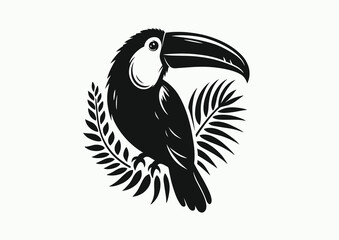 Naklejka premium Toucan on the branches of tropical palm tree, black and white vector silhouette