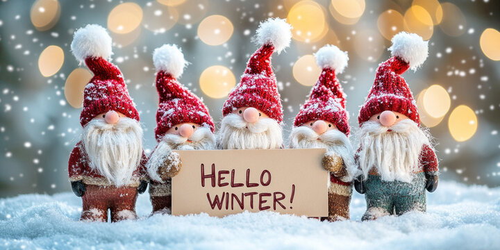 Festive Christmas gnomes with red hats and white beards standing in snow holding winter greeting sign “Hello Winter!”