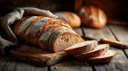 Rustic bread loaf with even slices arranged on a wooden board, showing crisp crust, soft interior, and cozy handmade bakery style.