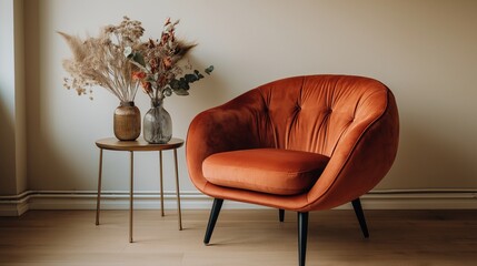 Comfortable orange aesthetic armchair in living room interior