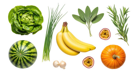 Assortment of fresh produce and herbs transparent background cutout png