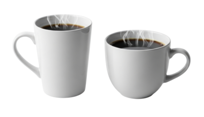 Two white coffee mugs with steam transparent background cutout png