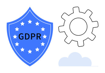 Blue shield labeled GDPR, black gear symbol, and light-gray cloud. Ideal for data security, regulation, compliance, technology, privacy, cybersecurity cloud storage a simple flat metaphor