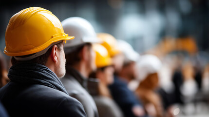Faceless construction workers at groundbreaking ceremony site defocused building project background inaugural event construction launch development beginning ceremonial ground