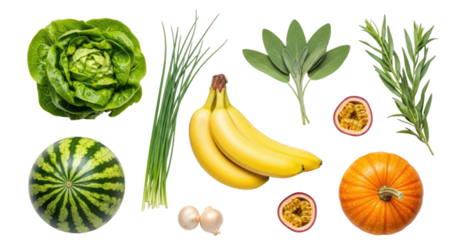 Assortment of fresh produce and herbs transparent background cutout png