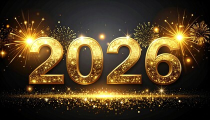 2026 Happy New Year celebration background. Golden numbers with glow light effects on black. greeting