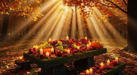 A table adorned with autumnal fruits, candles, and leaves in a forest setting, illuminated by sunlight.