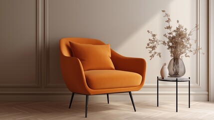 Comfortable orange aesthetic armchair in living room interior