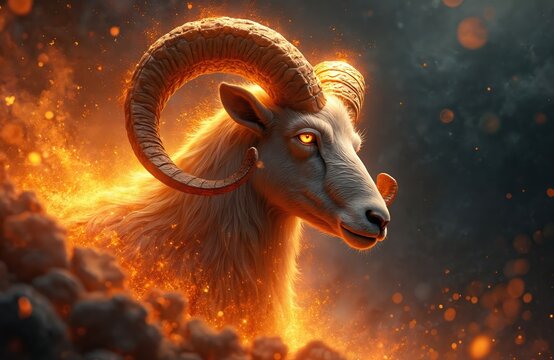 Aries ram head with glowing eyes surrounded by fire sparks and smoke effects. Astrological symbol with curled horns and majestic aura. Concept art for zodiac horoscopes and mystic themes.