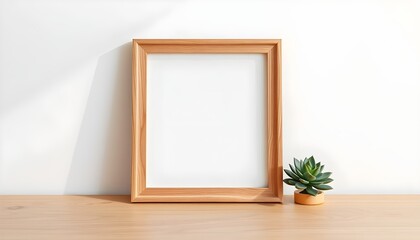 An empty wooden frame on a wooden surface with a small succulent plant beside it, against a white wall background.