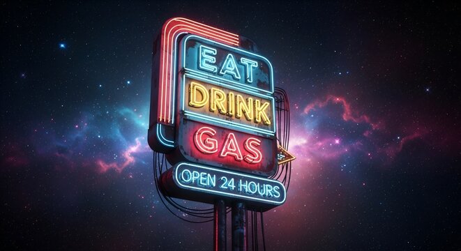 Neon sign offers earthly needs amidst celestial wonders