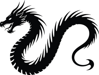 Black silhouette vector illustration of a fierce mythological Asian dragon, tribal tattoo art style design, fantasy serpent creature isolated on white background.