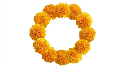 Yellow marigold flower garland in shape of circle on white background, png