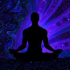 Silhouette of person in lotus pose meditating with vibrant psychedelic cosmic energy aura