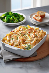 Fictional Chicken-Alfredo Baked Penne in a white dish on a wooden table with thawed broccolis and sliced bread on plates in the background. Concept of classic Italian pasta meals for menus.