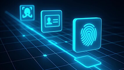 Glowing fingerprint biometric icon neon circuit grid with user profile and contact icons, futuristic biometric security concept emitting blue glowing light, digital identity verification - Powered by Adobe