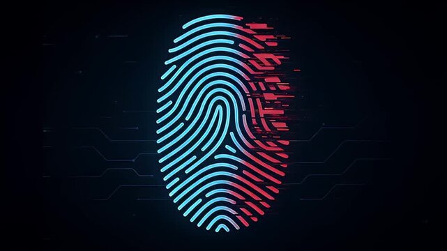 Blue biometric fingerprint digital scan recognition with red glitch cyber authentication security identity technology and futuristic recognition biometric scan protection