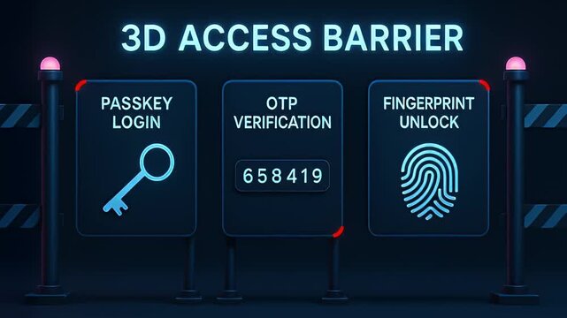 3D access barrier passkey login OTP verification fingerprint unlock concept with neon security panels biometric authentication glowing security gate keycode authentication digital access control