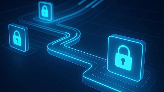 Neon blue glowing lock pathway circuit protection cybersecurity network data encryption digital security pathway with layered grid futuristic glowing circuit protection neon blue network data lock