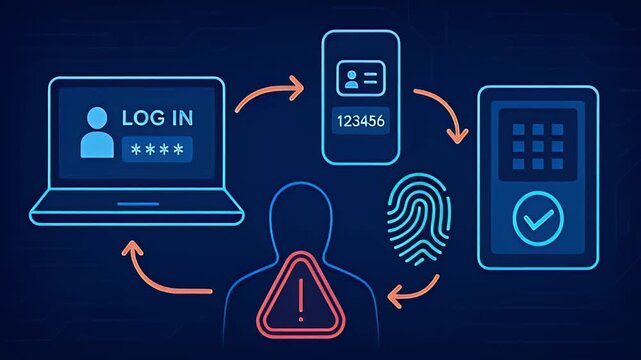 Login interface mobile authentication code fingerprint scan two factor verification security warning access control icons neon outlines password one time code access panel protection identity