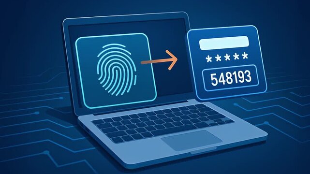Fingerprint biometric authentication converting to one time numeric passcode on laptop for secure digital login and cyber security with biometric two factor authentication and laptop access