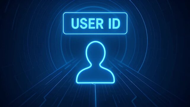 Neon user id icon glowing above abstract digital tunnel with circuitry lines futuristic blue identification concept conveying security and connectivity neon user id icon glowing above abstract