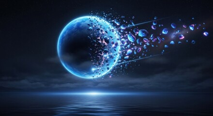A blue, glowing orb with a star-like pattern and a trail of glowing particles, set against a dark, starry sky with a reflection on the water below.