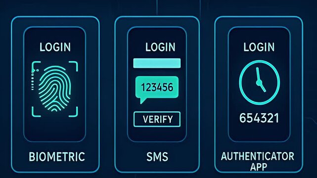 Biometric fingerprint login and mobile authenticator app security with SMS code verification for multi factor authentication and mobile access control in neon blue interface