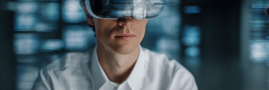 Immersive virtual reality headset, tech expert, innovation lab, futuristic interface