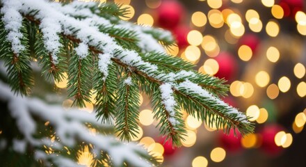 A snow-covered pine branch with red berries and festive lights in the background.