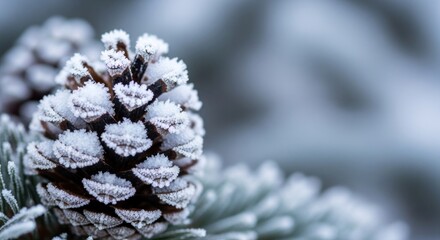 A pine cone covered in frost on a snowy branch.