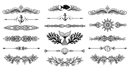 Set of hand drawn vintage nautical dividers and borders with marine elements.