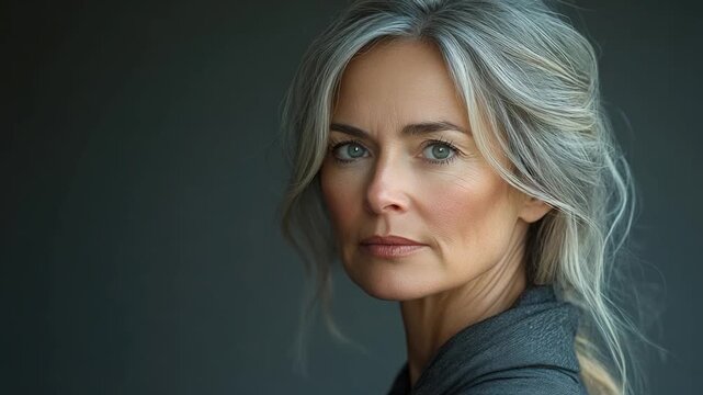 Video A close-up shot of an older woman with grey hair, suitable for use in portraits or as a representation of wisdom and experience