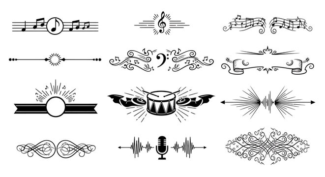 Set of musical dividers and borders with notes and instruments.