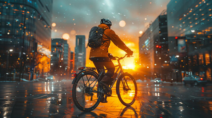 Biker silhouette riding a mountain bicycle against a summer sunset sky for an extreme cycling adventure