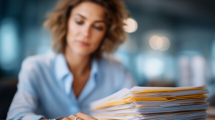 Businesswoman managing documents organizing defocused modern office, faceless professional focus, paperwork visualization detail, blurred workspace background, attention concept, d