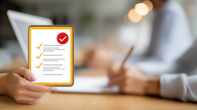 Online document validation interface defocused quality assessment, faceless management review, checklist visualization detail, blurred evaluation background, consulting concept, an