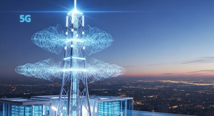 A futuristic 5G tower with glowing blue waves emanating from it, set against a cityscape at dusk.