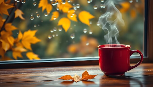 A cup of hot drink on a wooden table near a window with raindrops outside the glass. Autumn background. Empty space for copy text.
