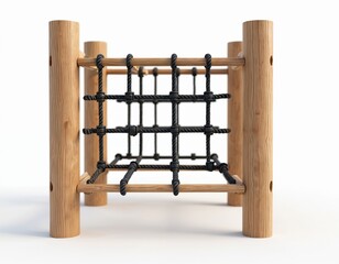 Childrens wooden monkey bars jungle gym climbing frame. Outdoor park playground rope net structure for kids activity and adventure. Active play.