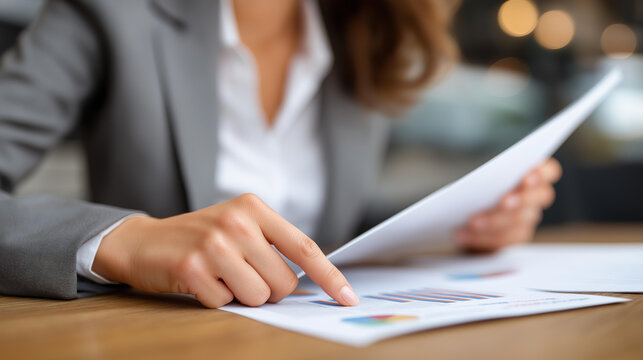 Close-up business woman giving chart defocused document presentation, faceless professional handover, report visualization detail, blurred office background, data concept, presenta - Powered by Adobe