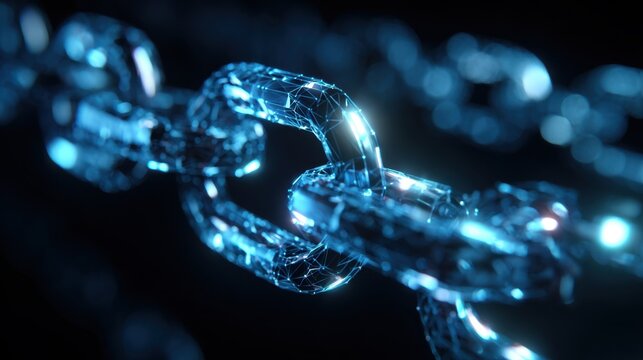 Glowing blue digital chain links with geometric network patterns on a dark background