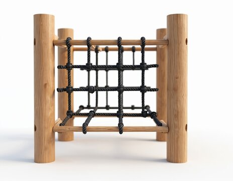 Childrens wooden monkey bars jungle gym climbing frame. Outdoor park playground rope net structure for kids activity and adventure. Active play. - Powered by Adobe