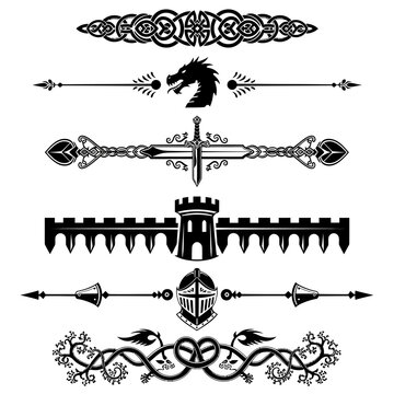 Medieval Fantasy Dividers and Borders Vector Set with Dragon, Sword, Castle, and Knight Helmet.